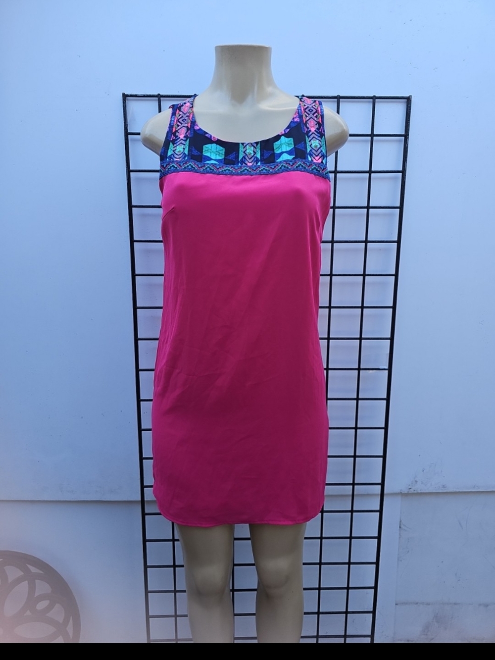Pink Owl Hot Pink Mini Dress with Multicolor Tribal Yoke